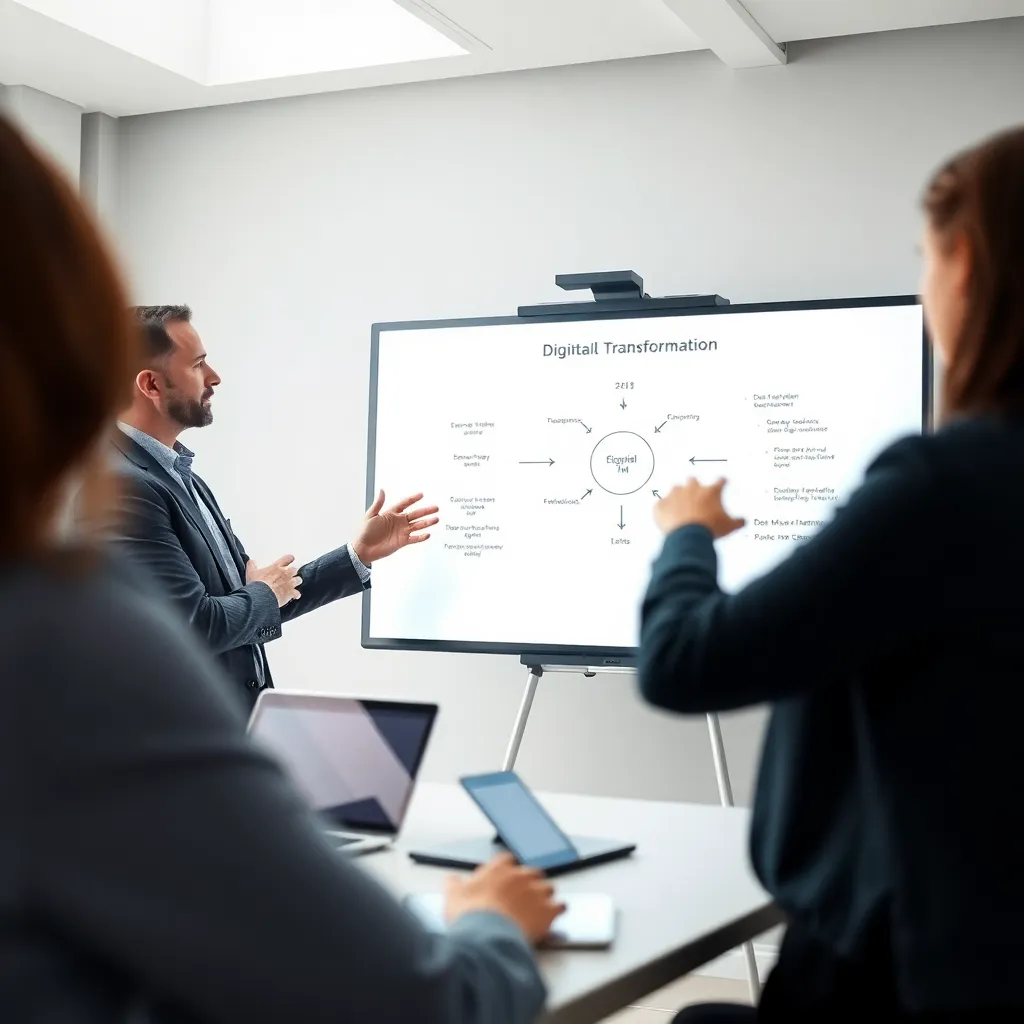 Professionele vrouw die presenteert voor een geïnteresseerd publiek in een moderne vergaderruimte
