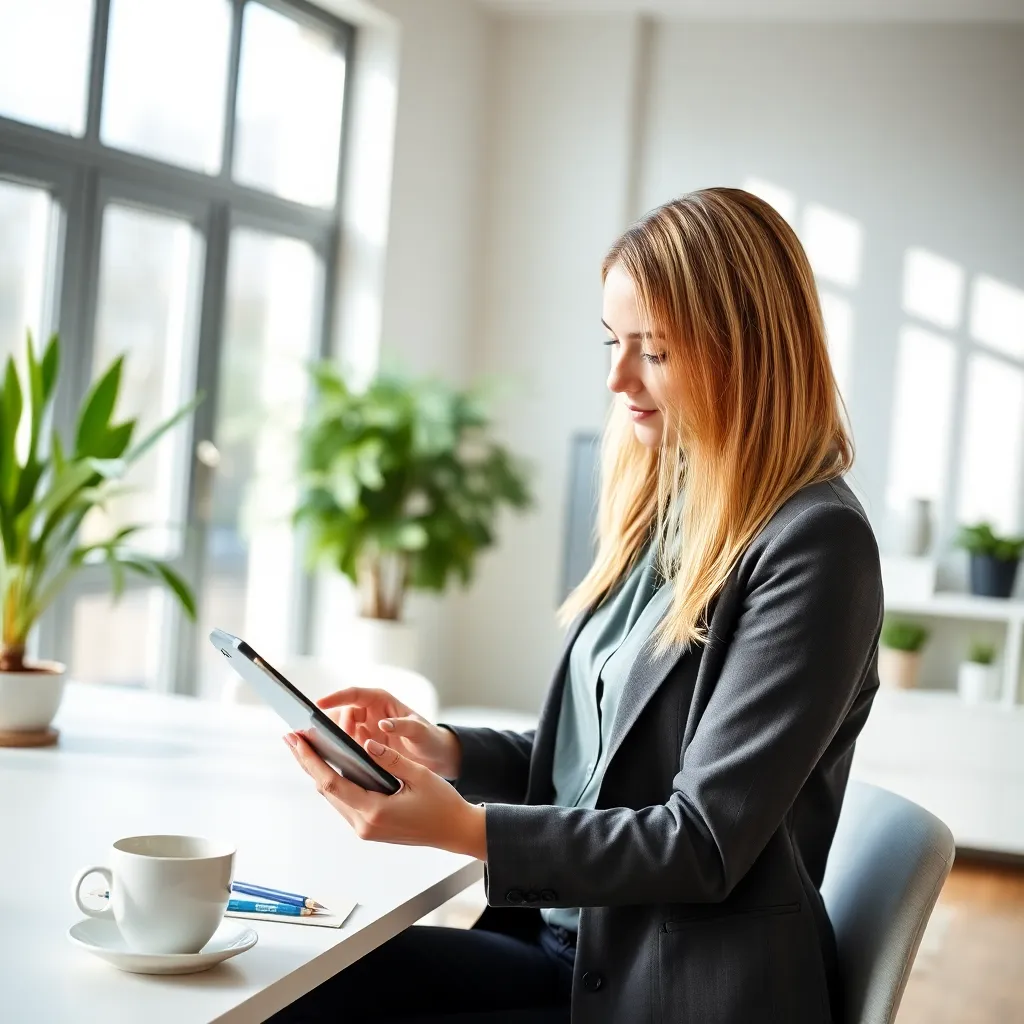 Professionele vrouw volgt online cursus op tablet